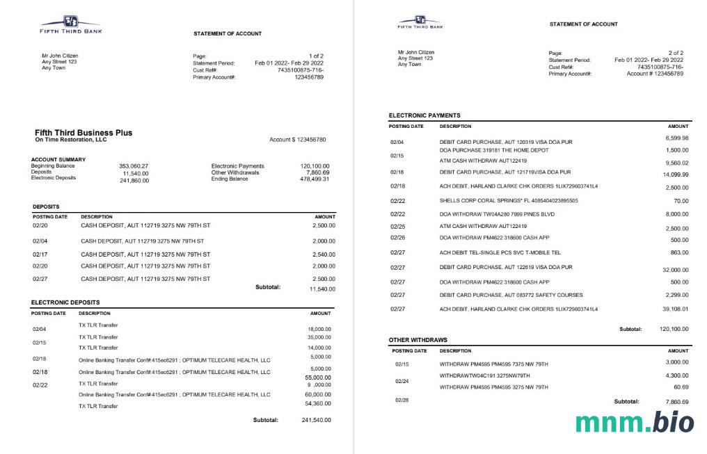 USA piąty trzeci wyciąg bankowy w programie Word i PDF format, dobry na adres